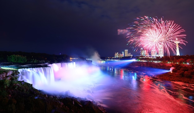 Niagara Falls lit at night by colorful lights with fireworks