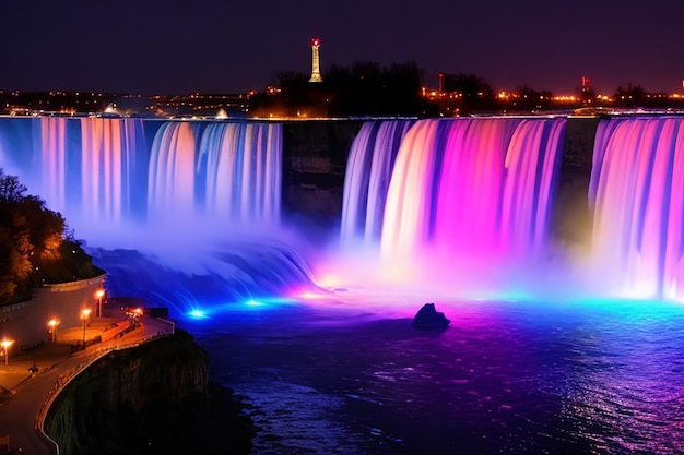 Photo niagara falls lit at night by colorful lights with fireworks