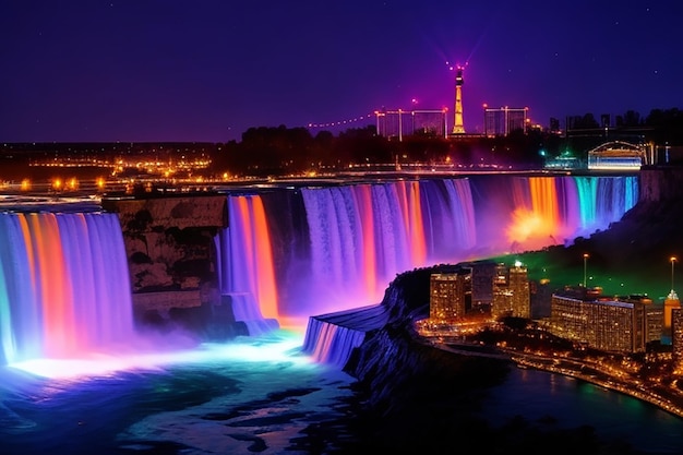 Niagara falls lit at night by colorful lights with fireworks