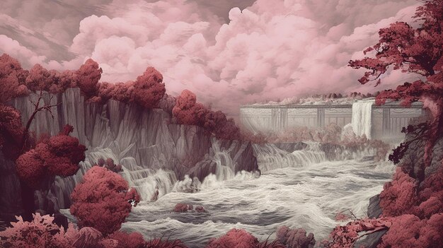 Niagara Falls in the style of toile de Jouy maroon AI Generated Image