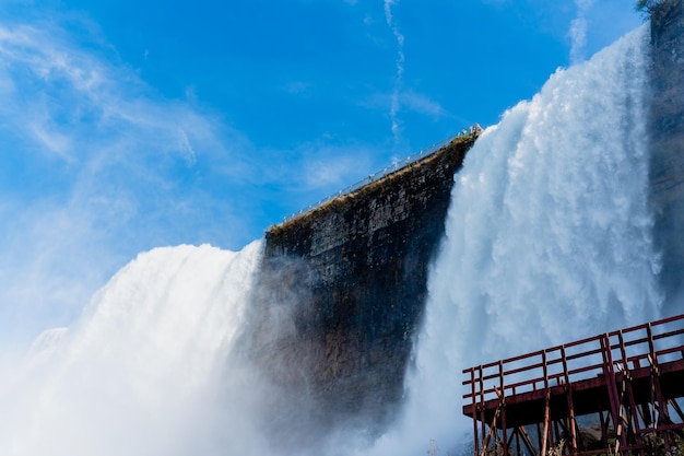 Niagara Falls van de Amerikaanse en Canadese kant. Regenboog boven de waterval.