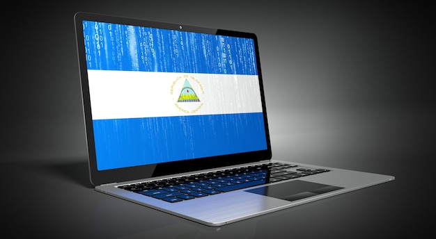 Nicaragua country flag and binary code on laptop screen 3D illustration