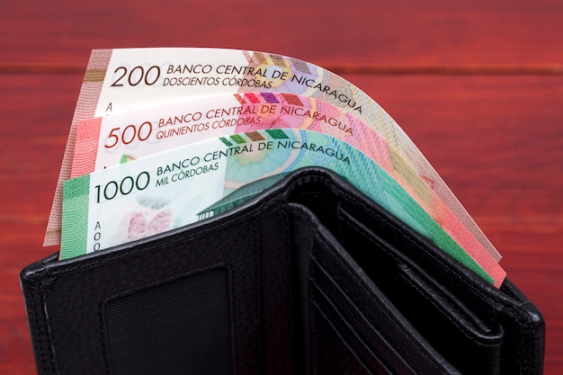 Nicaraguan cordoba bills in a black wallet