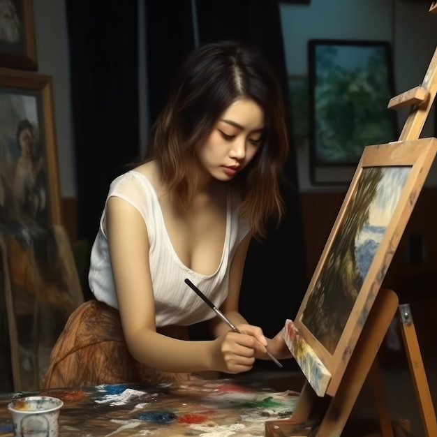 Nice asian woman doing painting indoors Beautiful illustration picture Generative AI