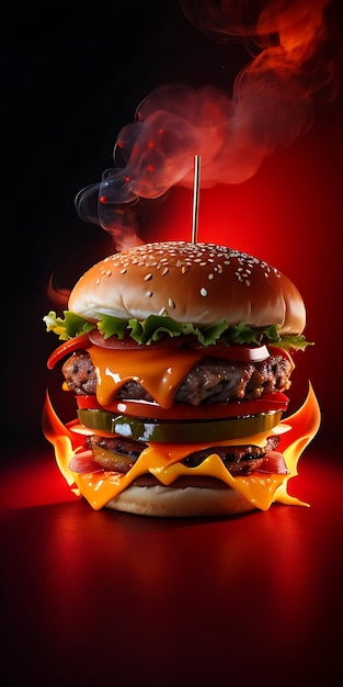 nice big spicy burger with red smoke and black background