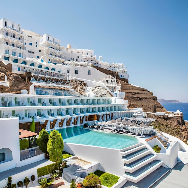 Nice big white hotel with a lot of pools in Santorini