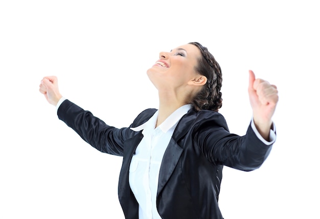 Nice business woman having achieved success. Isolated on a white background.