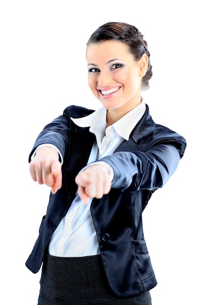 Nice business woman pointing fingers isolated on a white background