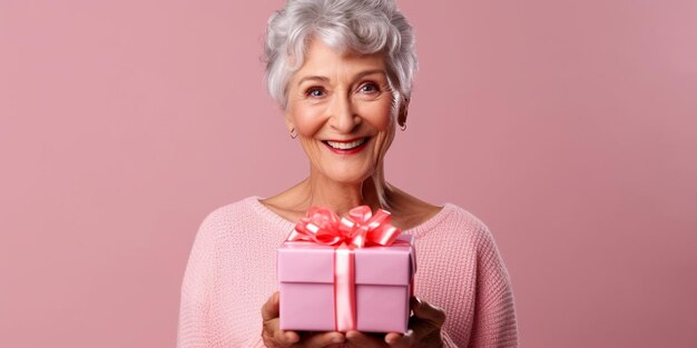 A nice caucasian mature woman happily surprised with a gift in her hands with a pink background