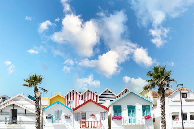 Photo nice colored and striped houses in costa nova aveiro portugal