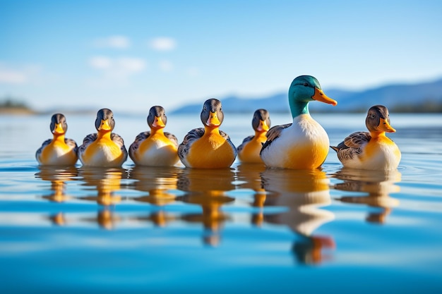nice colorful ducks swimming in a row with reflection leaders reflect