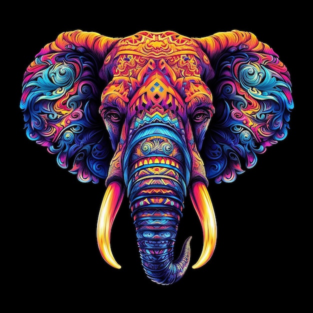 A Nice colorful elephant head drawing on a black background AI Generated Image