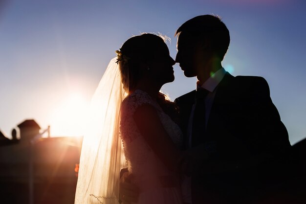 Nice couple silhouettes on sunset