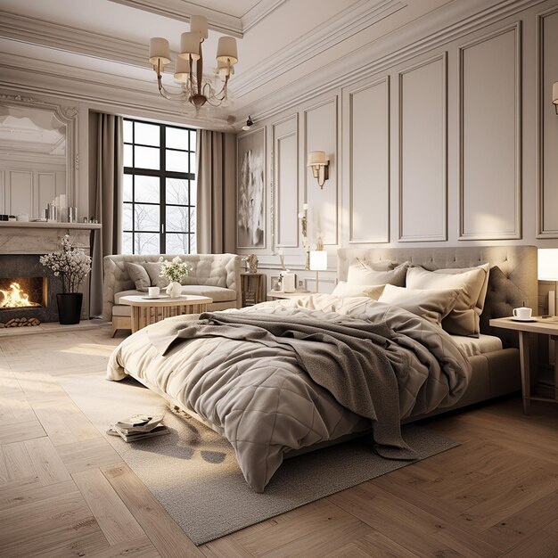 Фото Приятная уютная и удобная иллюстрация спальни в современном стиле с современным дизайном интерьера