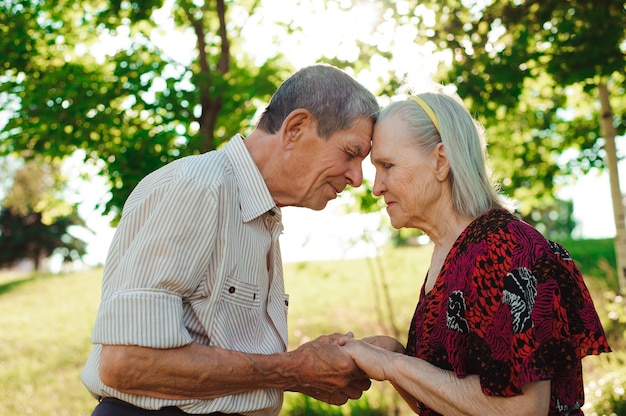 Nice elderly couple in a summer park.