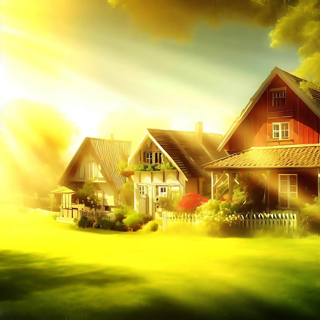 a nice farm houses in sunshine background