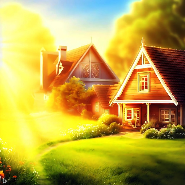 a nice farm houses in sunshine background