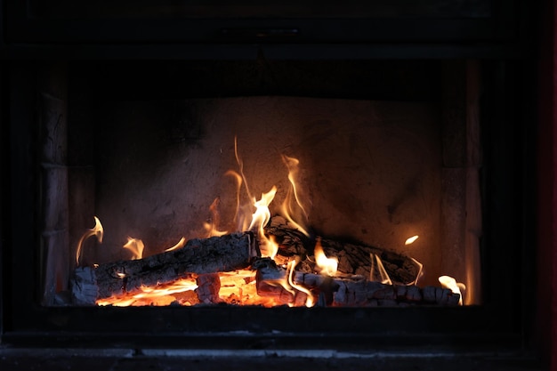 Nice fireplace with burning firewood