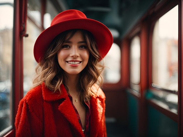 Nice girl in joyful mood puts on red shaggy jacket and wide brimmed hat against window