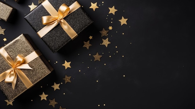 Приятные золотые элементы с черными подарочными коробками на темно-черном фоне