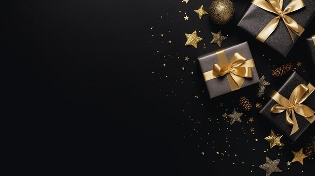 A nice golden elements with black gift boxes on dark black background