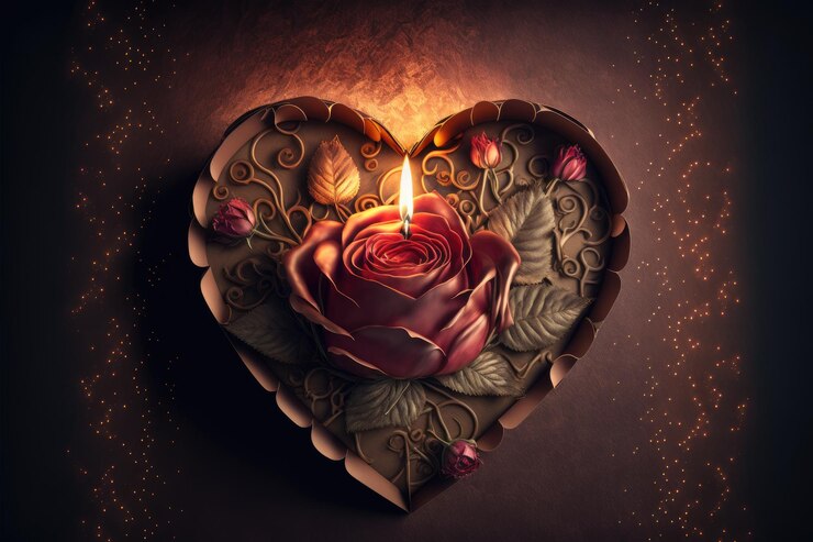 Photo nice heart with a lit candle in the middle and surrounded by flowers warm light valentines day card generative ai