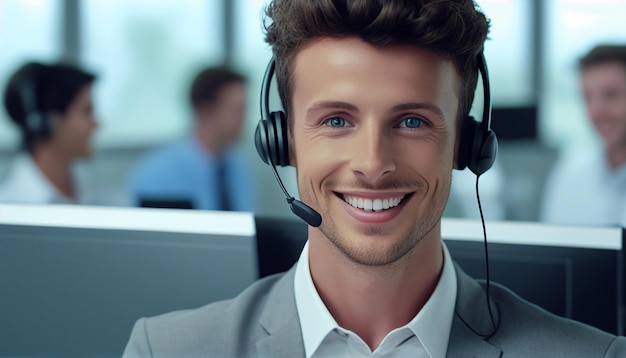 Nice helpful and attractive young guy call center operator with an office background Generative AI