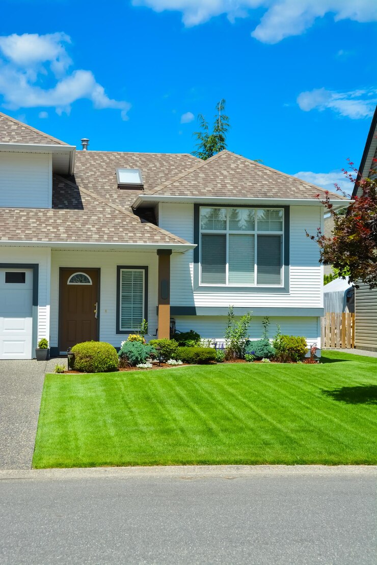 Nice lawn and entrance of beautiful residential house on sunny day