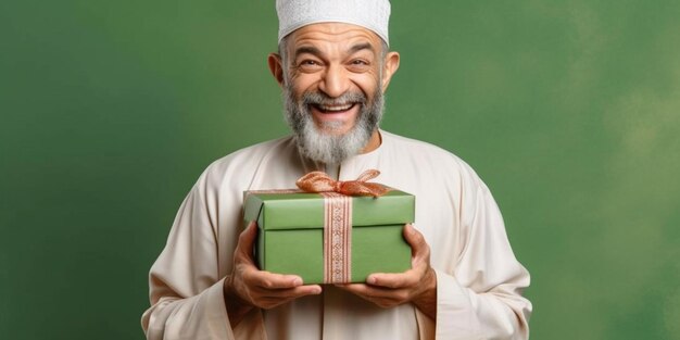 A nice mature arabian man happily surprised with a gift in his hands with a green background