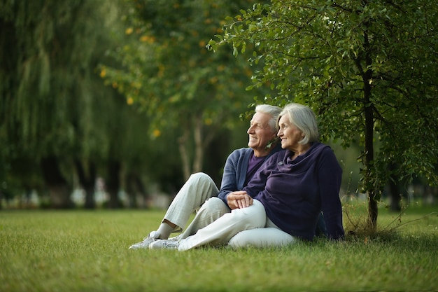 Nice mature couple sitting on green grass in summer park.