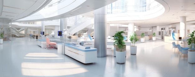 Красивый современный интерьер новой роскошной больницы, яркие цвета, панорама баннера Generative Ai