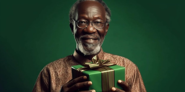 A nice old black man happily surprised with a gift in his hands with a green background