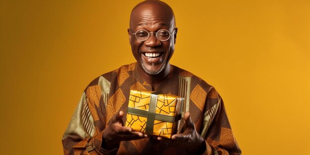 A nice old black man happily surprised with a gift in his hands with a yellow background