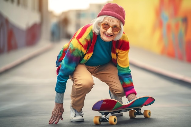 Nice old skateboarder wears vivid clothes and skateboarding down the city street Generative AI illustration