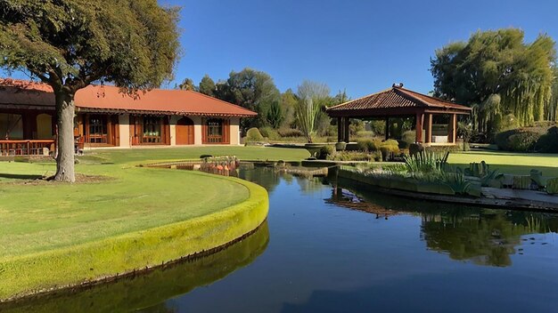 Nice park and guest house with pond photography image Ai generated ar