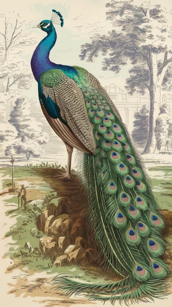 nice peacock sit in big tree view
