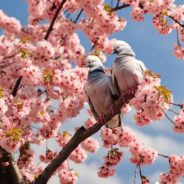 Photo the nice pegion sit on the cherry tree