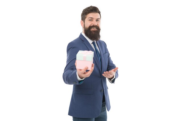 Nice purchase businessman in formal suit on party boxing day Delivery company business success and reward bearded man hold valentines present happy birthday shopping Thanks for your purchase