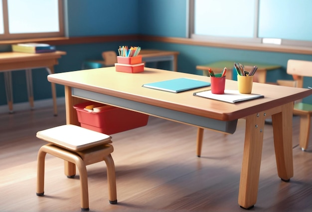 Nice school classroom bench and table with other supplies