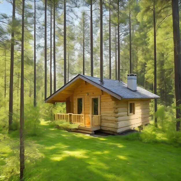 Nice small house in the pine forest sunshine ai generated