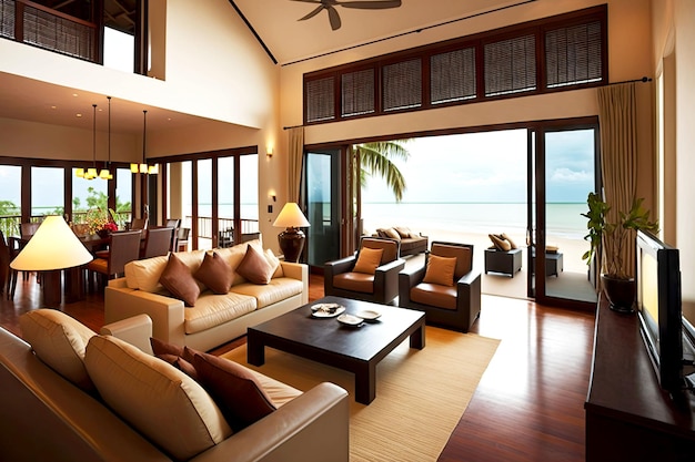 Nice spacious living room with two sofas and balcony in beachfront villa interior generative ai