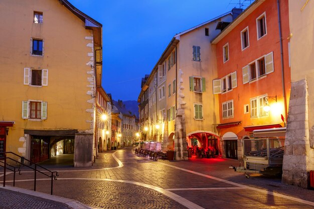 Nice street rue sainteclaire in old town of annecy at rainy night france