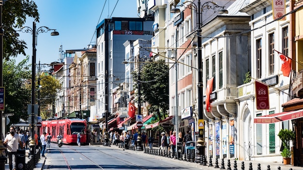 Nice street view with tram in Istanbul, Turkey.