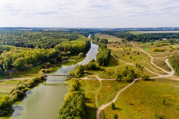 Nice view of the bridge and the river. Aerial view.