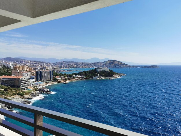 Nice view of the city and the Aegean Sea from the balcony. Turkey, Kusadasi.