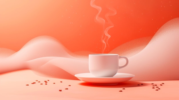 写真 美しいオレンジ色の背景の上に麗な白いカップ煙のあるコーヒーやお茶