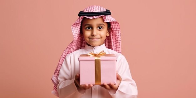 A nice young arabian boy happily surprised with a gift in his hands with a pink background