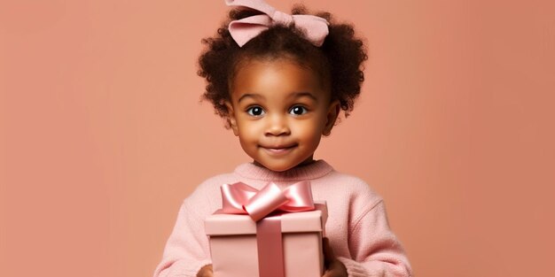 A nice young black child girl happily surprised with a gift in her hands with a pink background