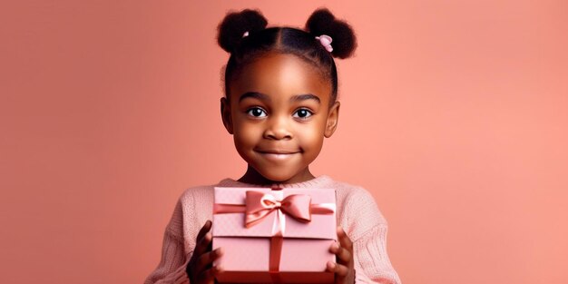 A nice young black child girl happily surprised with a gift in her hands with a pink background