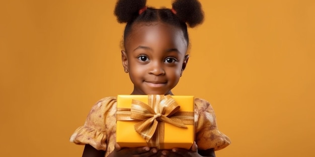 A nice young black child girl happily surprised with a gift in her hands with a yellow background